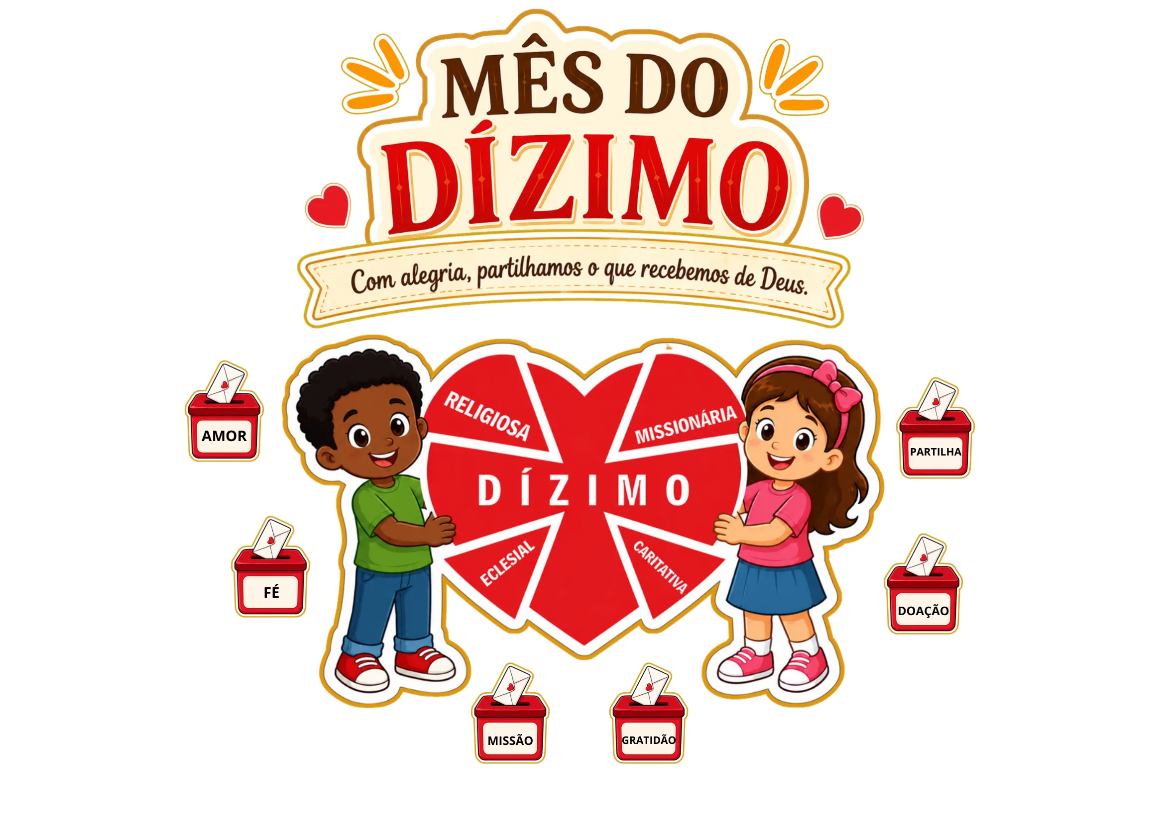 Painel "Mês do Dízimo" com as 4 dimensões do dízimo e as caixinhas das virtudes
