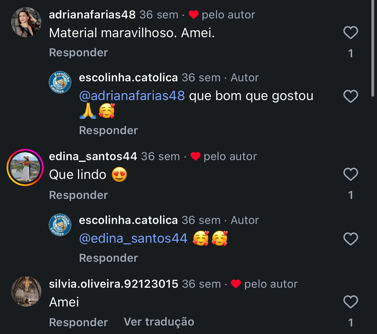 Comentário real de cliente no Instagram @escolinha.catolica