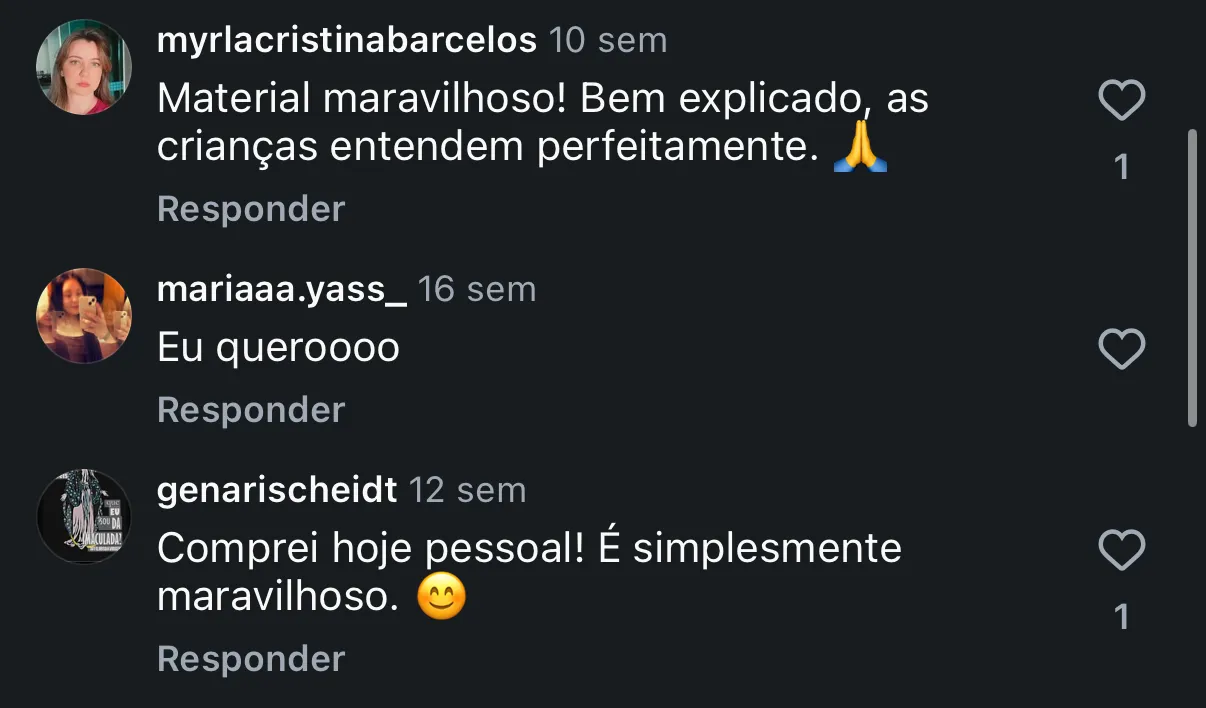 Comentário real de cliente no Instagram @escolinha.catolica